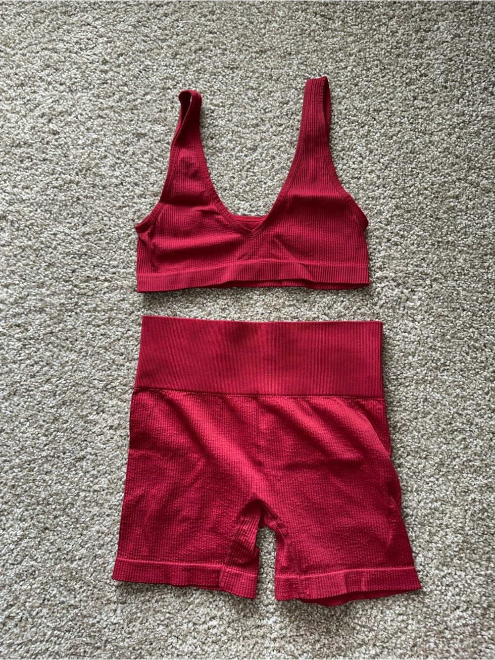 Colsie Ribbed Red Bralette & High-Waist Biker Shorts Set